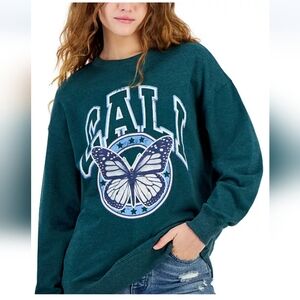 Rebellious One Juniors' Butterfly Crewneck Sweatshirt. Green